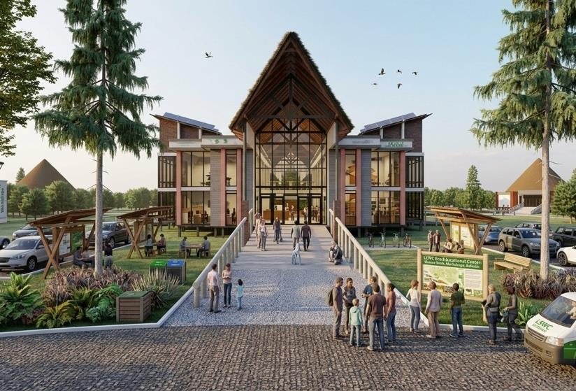 Architectural rendering of the SHAFT V eco-educational recreational centre, with a steep thatched-profile roof and landscaped approach